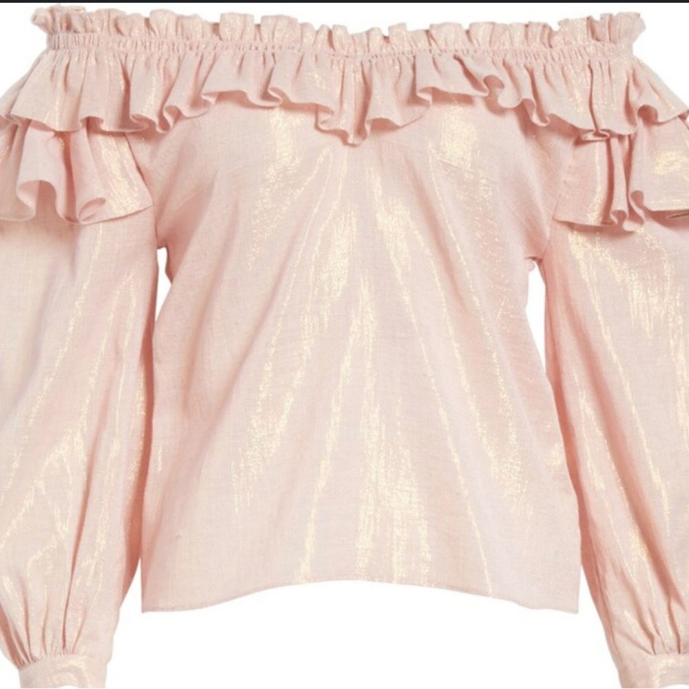 Rebecca Taylor Off the Shoulder Ruffle Pink Top with Metallic thread